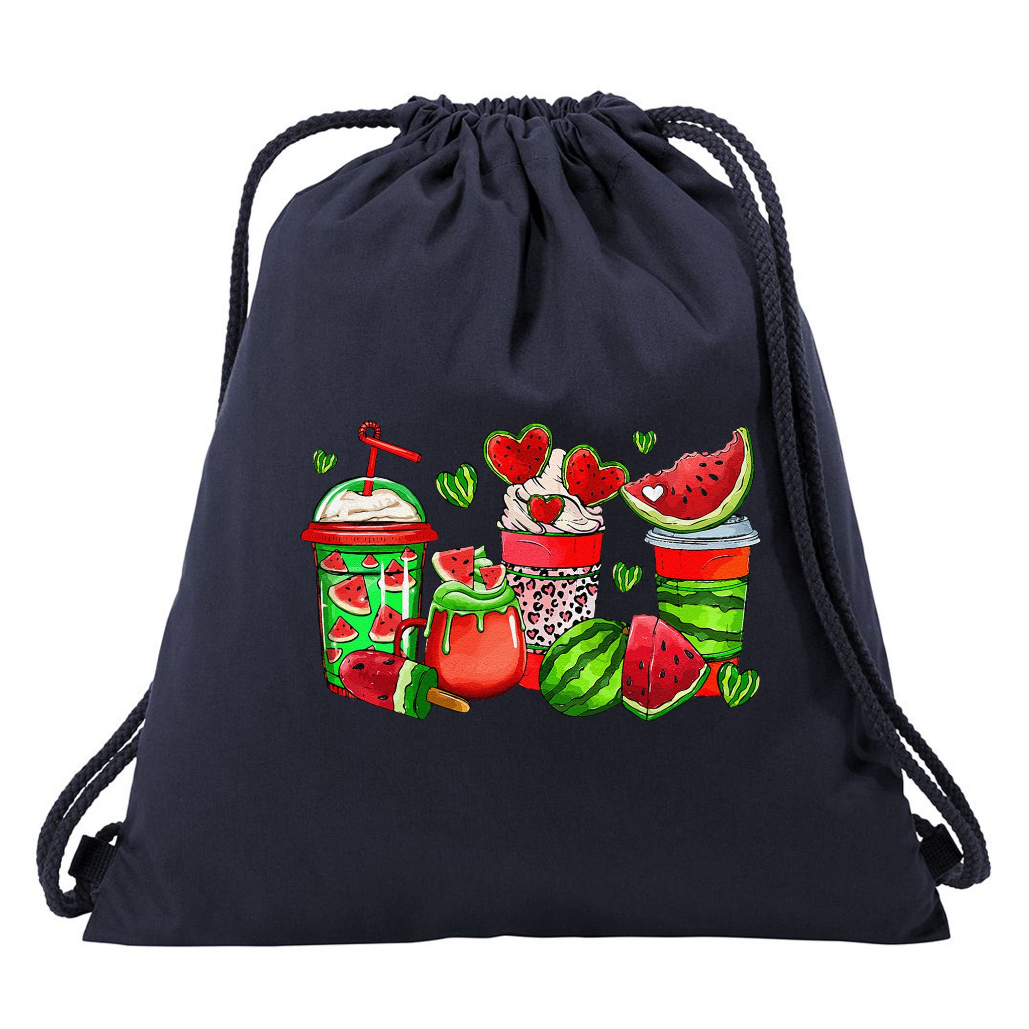 Cute Cups Of Iced Coffee Watermelon Tropical Summer Vacation Drawstring Bag