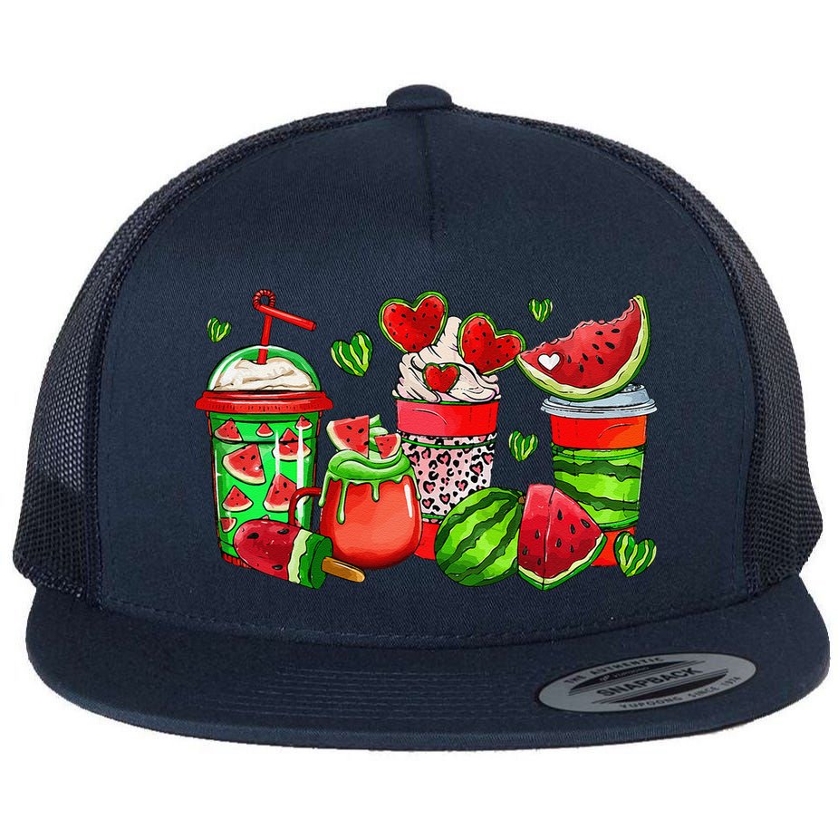 Cute Cups Of Iced Coffee Watermelon Tropical Summer Vacation Flat Bill Trucker Hat