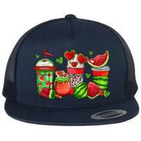 Cute Cups Of Iced Coffee Watermelon Tropical Summer Vacation Flat Bill Trucker Hat