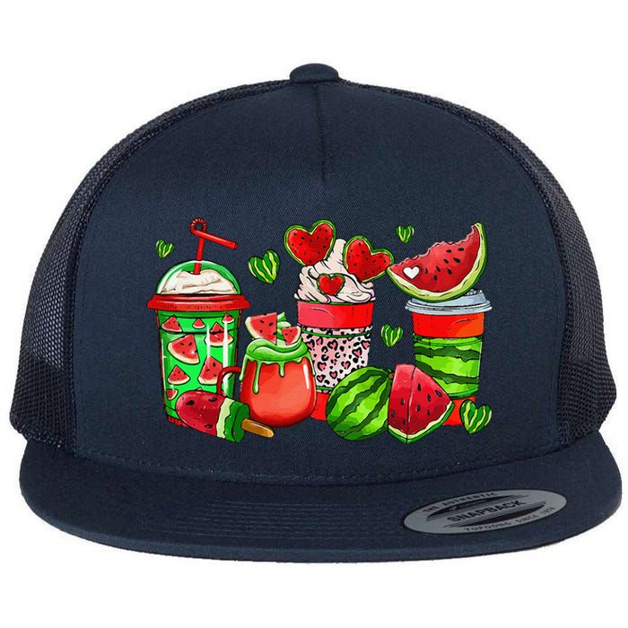 Cute Cups Of Iced Coffee Watermelon Tropical Summer Vacation Flat Bill Trucker Hat