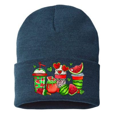 Cute Cups Of Iced Coffee Watermelon Tropical Summer Vacation Sustainable Knit Beanie