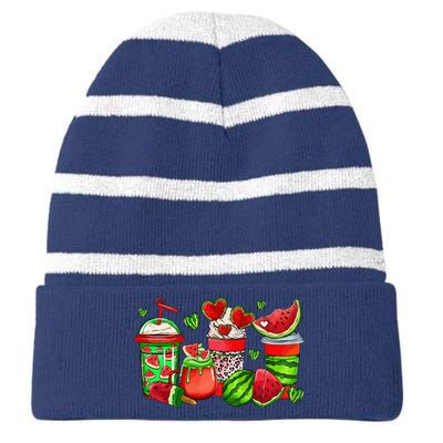 Cute Cups Of Iced Coffee Watermelon Tropical Summer Vacation Striped Beanie with Solid Band