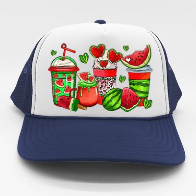 Cute Cups Of Iced Coffee Watermelon Tropical Summer Vacation Trucker Hat