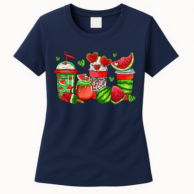 Cute Cups Of Iced Coffee Watermelon Tropical Summer Vacation Womens T-Shirt