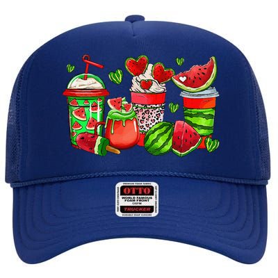 Cute Cups Of Iced Coffee Watermelon Tropical Summer Vacation High Crown Mesh Back Trucker Hat