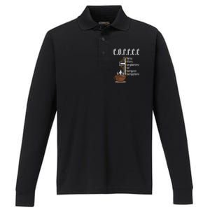 Coffee Christ Offers Forgiveness For Everyone Everywhere Performance Long Sleeve Polo