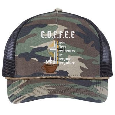 Coffee Christ Offers Forgiveness For Everyone Everywhere Retro Rope Trucker Hat Cap