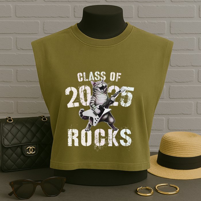 Cat Class Of 2025 Rocks Cat Graduated Signature Party Garment-Dyed Women's Muscle Tee