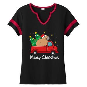 Capybara Christmas Ornament Truck Tree Funny Xmas Gift Ladies Halftime Notch Neck Tee