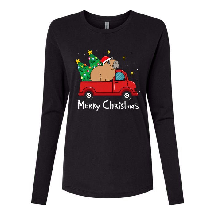 Capybara Christmas Ornament Truck Tree Funny Xmas Gift Womens Cotton Relaxed Long Sleeve T-Shirt