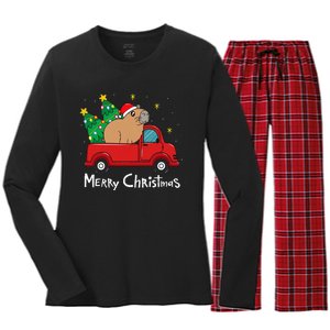 Capybara Christmas Ornament Truck Tree Funny Xmas Gift Women's Long Sleeve Flannel Pajama Set 