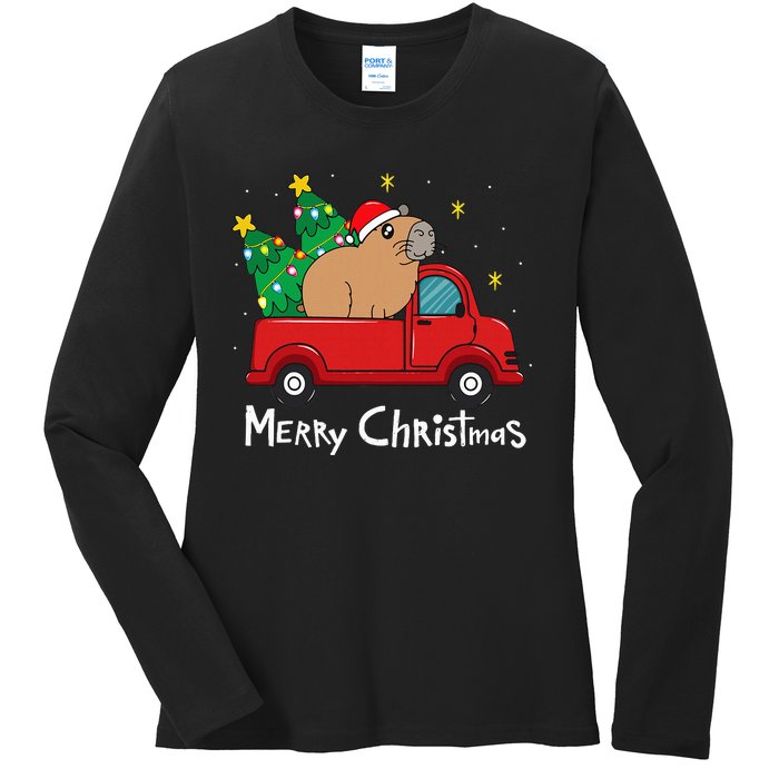 Capybara Christmas Ornament Truck Tree Funny Xmas Gift Ladies Long Sleeve Shirt