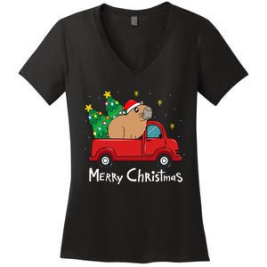 Capybara Christmas Ornament Truck Tree Funny Xmas Gift Women's V-Neck T-Shirt