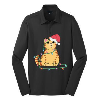 Christmas Cat Orange Tiger Tabby Xmas Hat Kawaii Cute Funny Silk Touch Performance Long Sleeve Polo