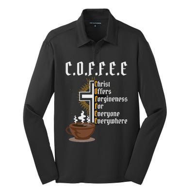 Coffee Christ Offers Forgiveness For Everyone Everywhere Silk Touch Performance Long Sleeve Polo