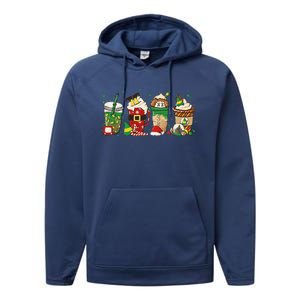 Christmas Coffee Peppermint Iced Latte Snowmen Hot Cocoa Performance Fleece Hoodie