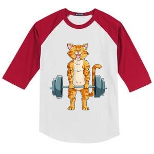 Cute Cat Powerlifting Weightlifting Deadlifting Gym Lover Kids Colorblock Raglan Jersey