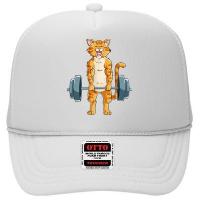 Cute Cat Powerlifting Weightlifting Deadlifting Gym Lover High Crown Mesh Back Trucker Hat