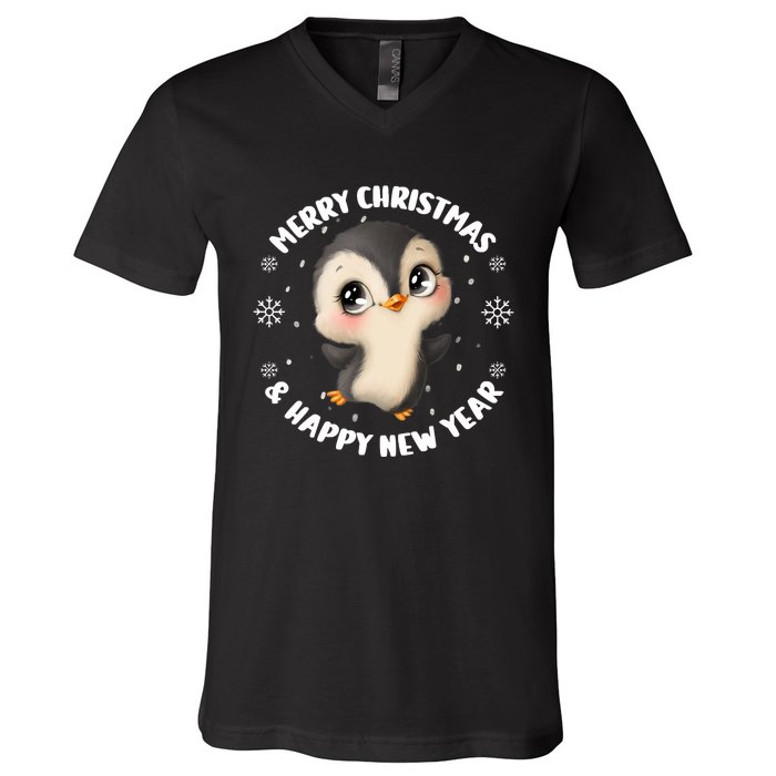 Cute Christmas Penguin Merry Christmas & Happy New Year V-Neck T-Shirt