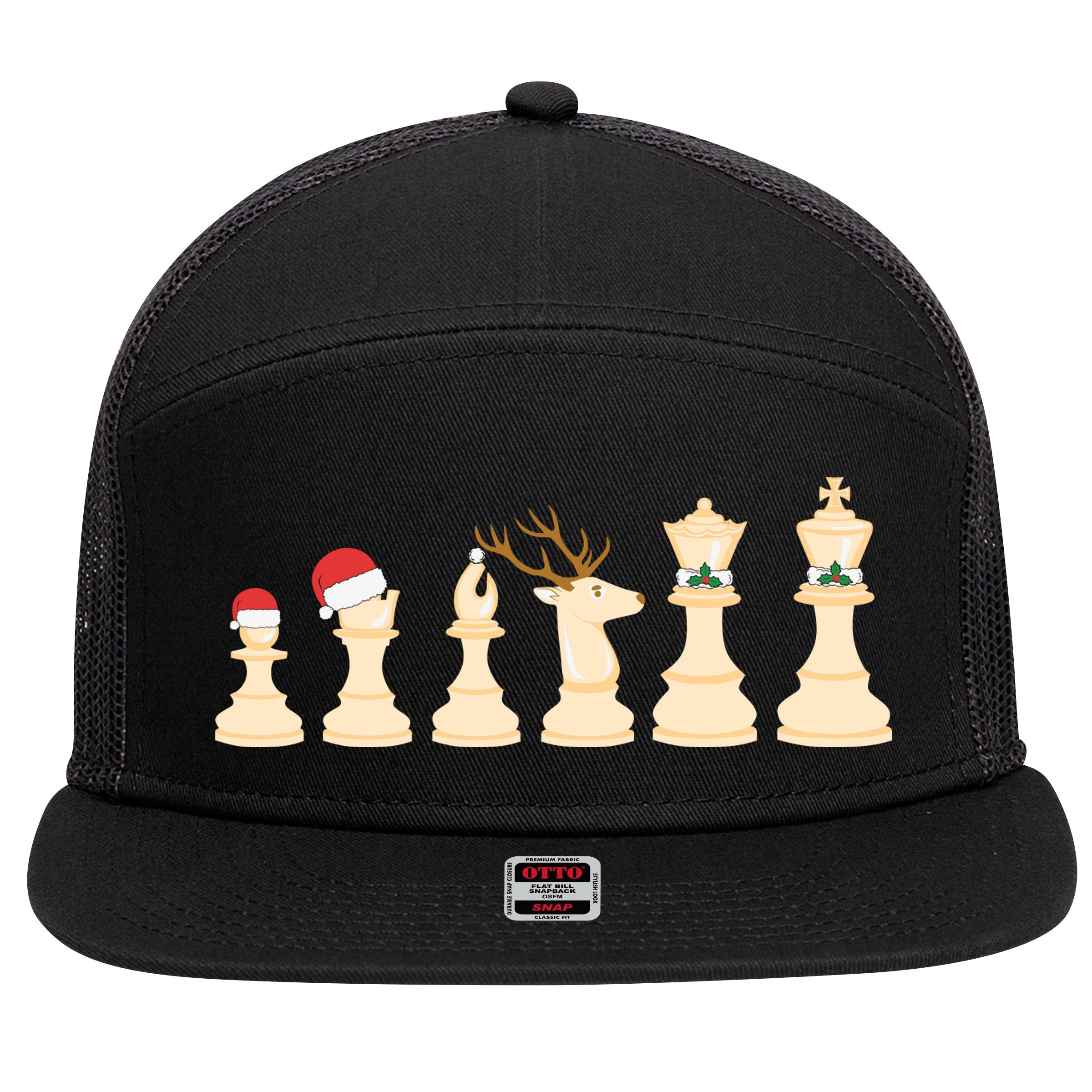 Christmas Chess Pieces Xmas Lights Santa Chess Player 7 Panel Mesh Trucker Snapback Hat
