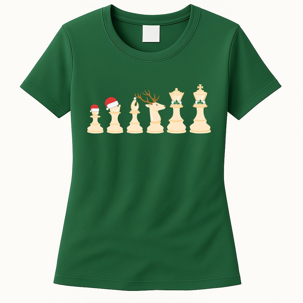 Christmas Chess Pieces Xmas Lights Santa Chess Player Womens T-Shirt