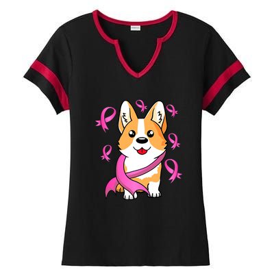 Cute Corgi Puppy Dog Breast Cancer Awareness Pink Ribbon Ladies Halftime Notch Neck Tee