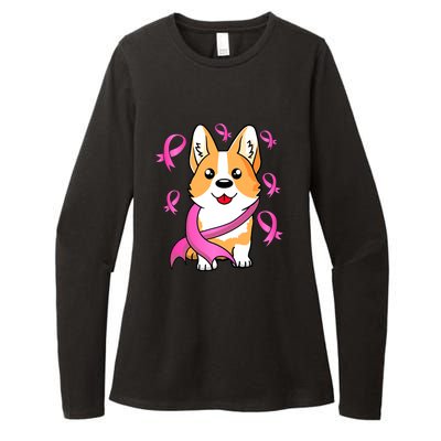 Cute Corgi Puppy Dog Breast Cancer Awareness Pink Ribbon Womens CVC Long Sleeve Shirt