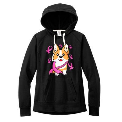 Cute Corgi Puppy Dog Breast Cancer Awareness Pink Ribbon Women's Fleece Hoodie