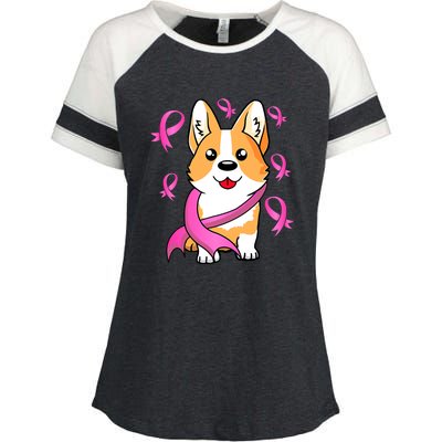 Cute Corgi Puppy Dog Breast Cancer Awareness Pink Ribbon Enza Ladies Jersey Colorblock Tee