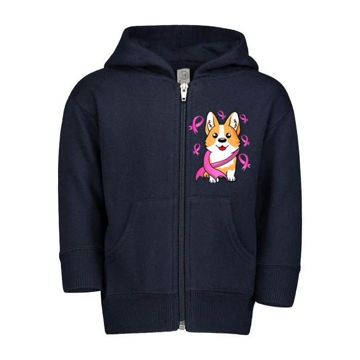 Cute Corgi Puppy Dog Breast Cancer Awareness Pink Ribbon Toddler Zip Fleece Hoodie