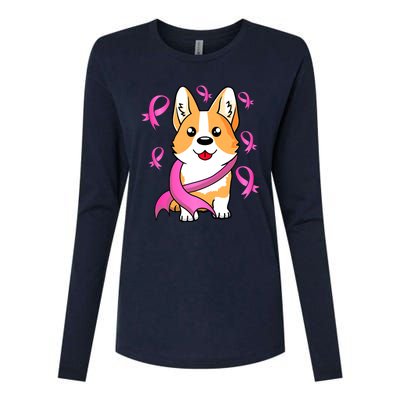 Cute Corgi Puppy Dog Breast Cancer Awareness Pink Ribbon Womens Cotton Relaxed Long Sleeve T-Shirt