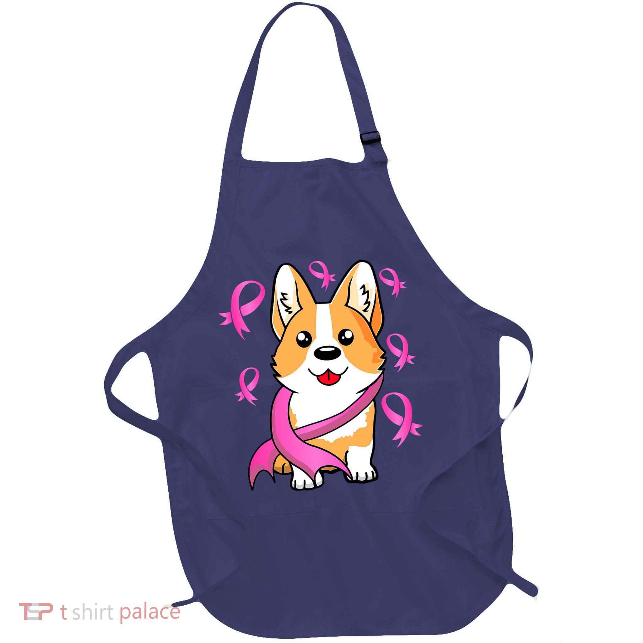 Cute Corgi Puppy Dog Breast Cancer Awareness Pink Ribbon Full-Length Apron With Pockets