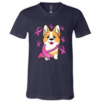 Cute Corgi Puppy Dog Breast Cancer Awareness Pink Ribbon V-Neck T-Shirt