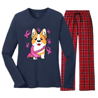 Cute Corgi Puppy Dog Breast Cancer Awareness Pink Ribbon Women's Long Sleeve Flannel Pajama Set 