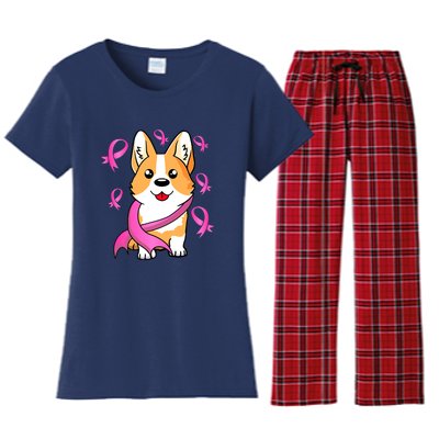 Cute Corgi Puppy Dog Breast Cancer Awareness Pink Ribbon Women's Flannel Pajama Set