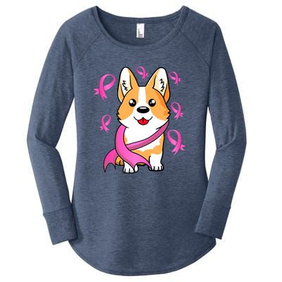 Cute Corgi Puppy Dog Breast Cancer Awareness Pink Ribbon Women's Perfect Tri Tunic Long Sleeve Shirt