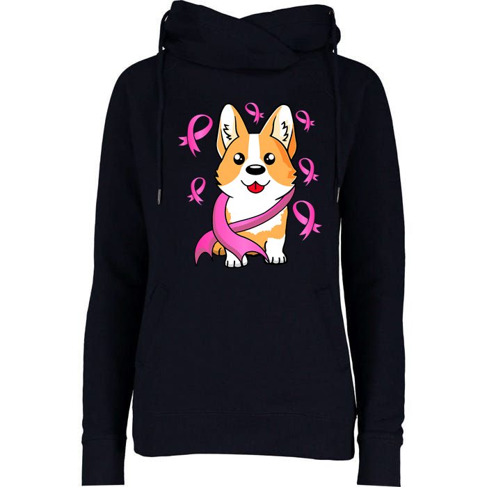 Cute Corgi Puppy Dog Breast Cancer Awareness Pink Ribbon Womens Funnel Neck Pullover Hood