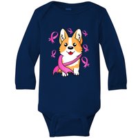 Cute Corgi Puppy Dog Breast Cancer Awareness Pink Ribbon Baby Long Sleeve Bodysuit