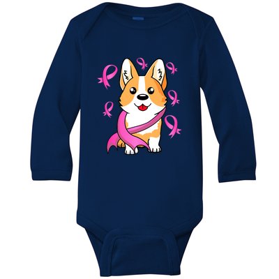 Cute Corgi Puppy Dog Breast Cancer Awareness Pink Ribbon Baby Long Sleeve Bodysuit