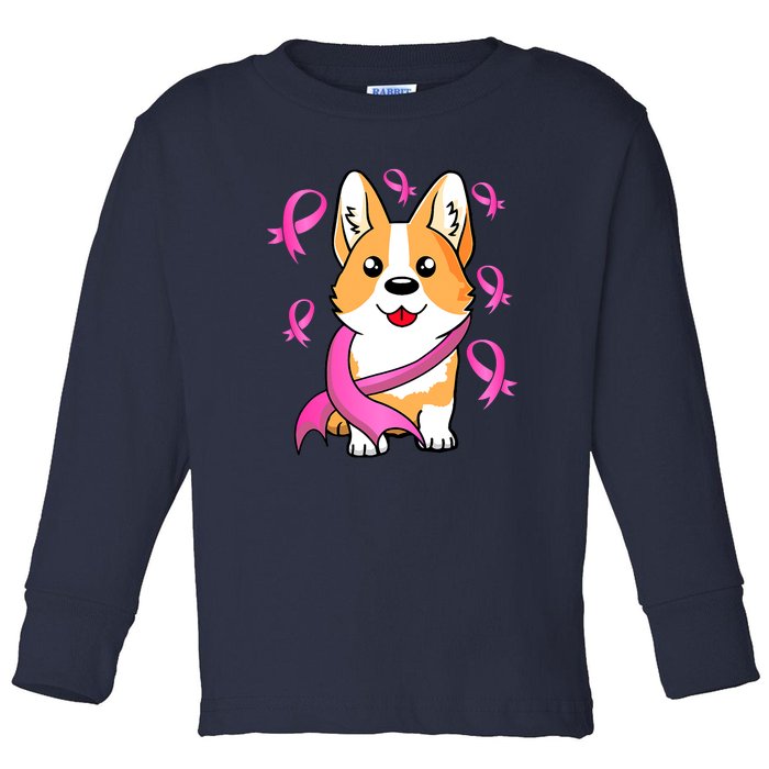 Cute Corgi Puppy Dog Breast Cancer Awareness Pink Ribbon Toddler Long Sleeve Shirt