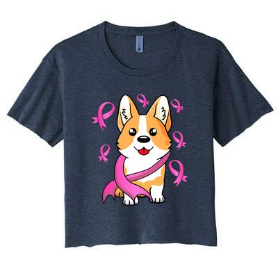 Cute Corgi Puppy Dog Breast Cancer Awareness Pink Ribbon Women's Crop Top Tee