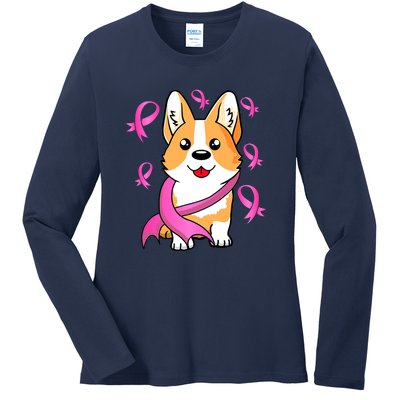 Cute Corgi Puppy Dog Breast Cancer Awareness Pink Ribbon Ladies Long Sleeve Shirt