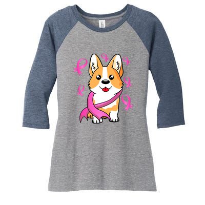 Cute Corgi Puppy Dog Breast Cancer Awareness Pink Ribbon Women's Tri-Blend 3/4-Sleeve Raglan Shirt