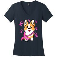 Cute Corgi Puppy Dog Breast Cancer Awareness Pink Ribbon Women's V-Neck T-Shirt