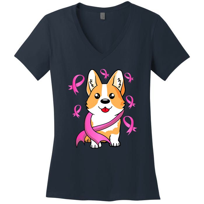 Cute Corgi Puppy Dog Breast Cancer Awareness Pink Ribbon Women's V-Neck T-Shirt