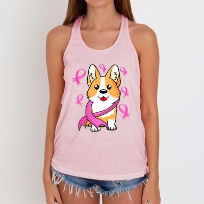 Cute Corgi Puppy Dog Breast Cancer Awareness Pink Ribbon Women's Knotted Racerback Tank