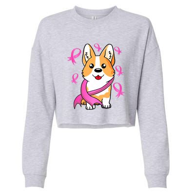 Cute Corgi Puppy Dog Breast Cancer Awareness Pink Ribbon Cropped Pullover Crew