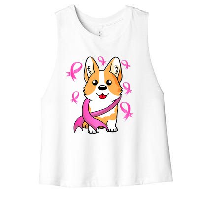 Cute Corgi Puppy Dog Breast Cancer Awareness Pink Ribbon Women's Racerback Cropped Tank