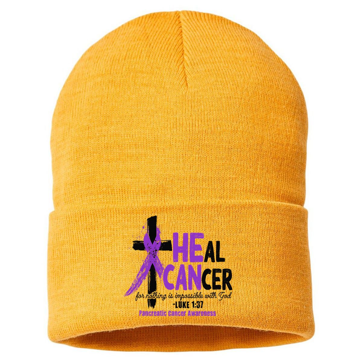 Christian Cross Pancreatic Cancer Awareness Purple Ribbon Sustainable Knit Beanie