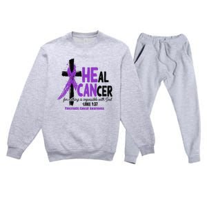 Christian Cross Pancreatic Cancer Awareness Purple Ribbon Premium Crewneck Sweatsuit Set